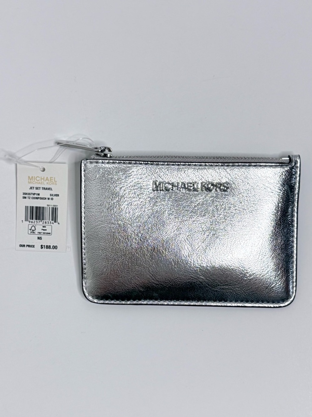 Michael Kors Jet Set Travel Silver Card Holder ID Case Zip Coin Pouch